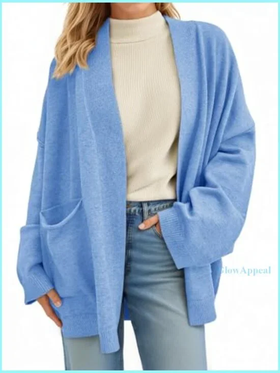Oversized Cardigan with Pockets, Long Sleeve Open Front Shawl Sweater - Picture 2 of 7